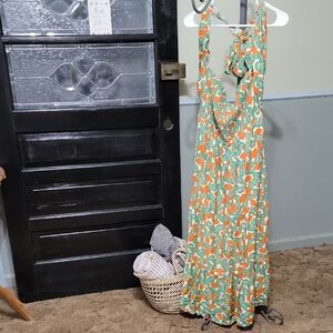 NWT DAVI & DANI Vibrant Green and Orange Halter Dress Smocked Top Woman Size 2XL